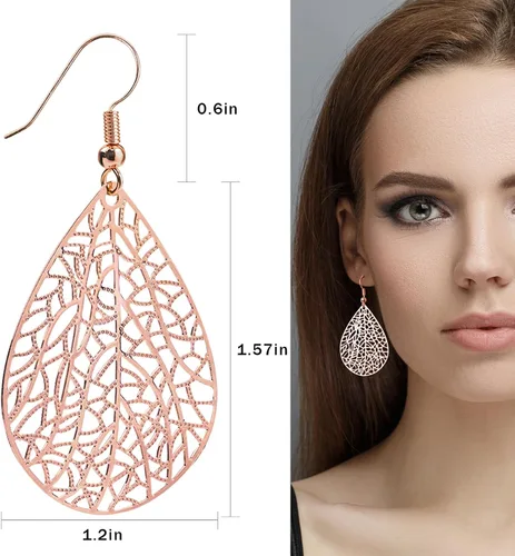 Miniatura 14 de 14K Gold Plated Silver Rose Gold Teardrop Filigree Dangle Earrings Lightweight Leaf Drop Earrings for Christmas Gift