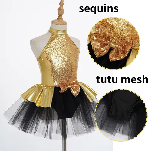 Miniatura 115 de CHICTRY Vestido tutú de ballet con lentejuelas brillantes para niñas y niñas, moderno disfraz de baile latino de jazz