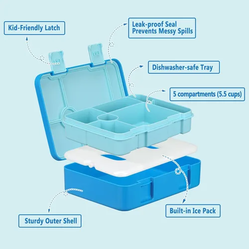 Miniatura 5 de Fiambrera Bento para niños con paquete de hielo, caja Bento a prueba de fugas de 5 compartimentos con utensilios, capacidad de 5.5 tazas