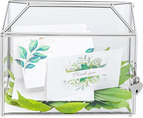 Miniatura 12 de NCYP Pequeña caja de tarjetas de cristal de boda con ranura y cerradura, 10.2 x 5.9 x 7.9 pulgadas, soporte geométrico negro para tarjetas