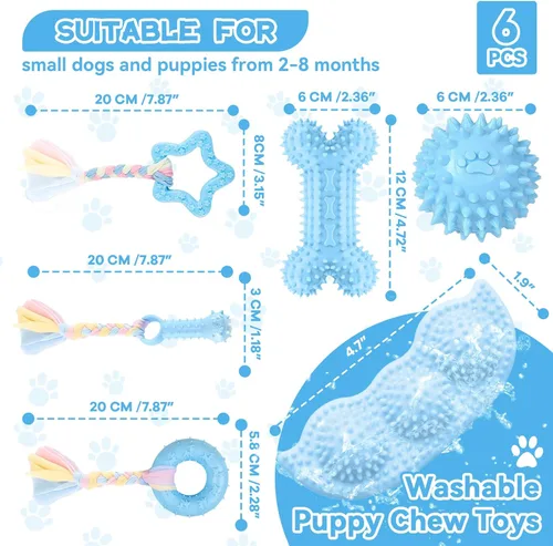 Miniatura 7 de Petcare Paquete de 6 juguetes para masticar para cachorros - Cuerda de goma azul suave y hueso redondo para dentición para perros pequeños
