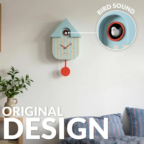 Miniatura 3 de Fisura - Reloj de pared de cuco a rayas azules y beige con esfera roja - Reloj de pared decorativo moderno, regalo único de decoración del hogar