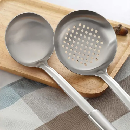 Miniatura 4 de Pleafind 2 piezas Cucharón y cuchara ranurada, cucharón para sopa y cuchara colador, cucharas de cocina y espumaderas de acero inoxidable, Gris