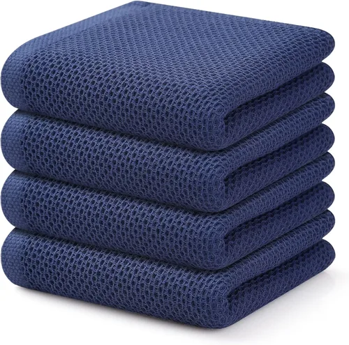 Kitinjoy - Paños de cocina de 100 % algodón, tela de tejido gofrado, paño de limpieza ultrasuave, absorbente y de secado rápido. Azul marino