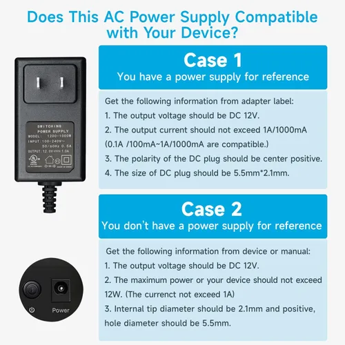 Miniatura 8 de Adaptador de corriente de 12 V 1 A, 6 pies, adaptador de CA a CC, cable de fuente de alimentación regulado de 1000 mA 12 W para tiras de luces LED