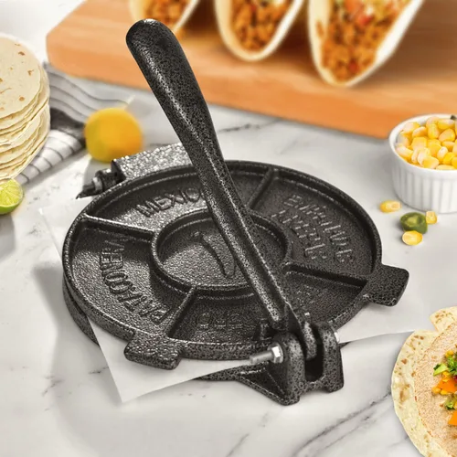 Miniatura 7 de Prensa para tortillas ARC de 10.4" Incluye 100 piezas de papel de pergamino, preparador de tortillas de hierro fundido, negro gris