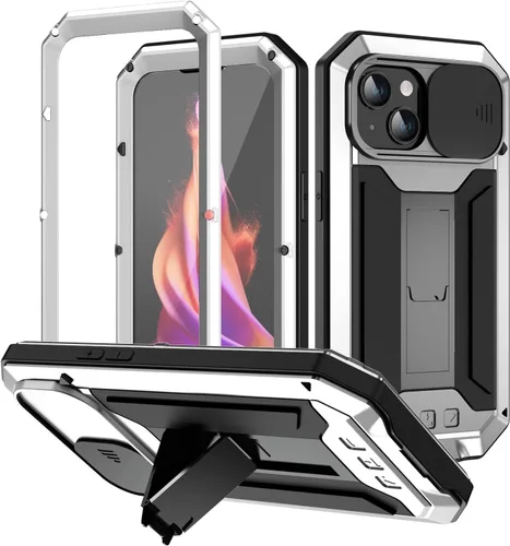 Miniatura 14 de Simicoo Funda compatible con iPhone 14 con protector de cámara de pantalla con función atril, resistente al agua, de metal militar, resistente