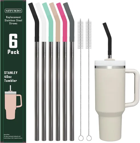 Miniatura 7 de Paquete de 6 popotes rectos de acero inoxidable reutilizables de 12 pulgadas, con 6 puntas de silicona y 2 cepillos de limpieza para vaso Simple