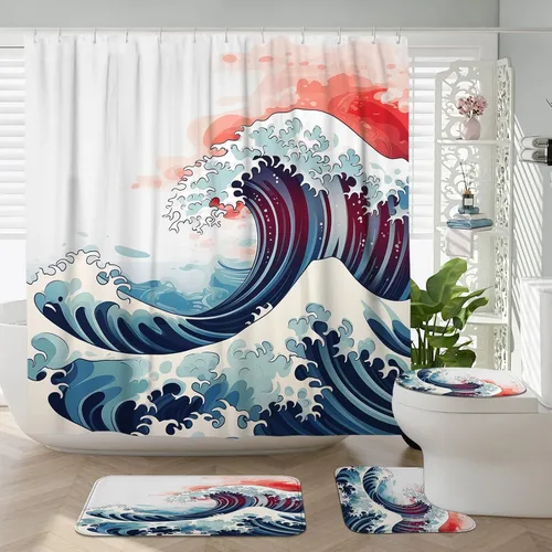 Miniatura 36 de Cortina de ducha japonesa Fuji Mountain de cerezo asiático, cortina de ducha con diseño de anime, decoración de baño, tela de poliéster, 62 x 72 Azul