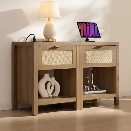 Miniatura 10 de SICOTAS Juego de 2 mesitas de noche negras con estación de carga, mesita de noche de ratán con cajón, moderna mesita de noche con puertos USB y tipo