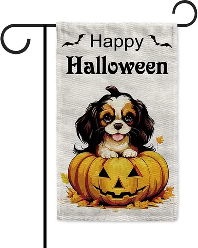 Miniatura 12 de Bandera de jardín de bulldog de Halloween de 12.5 x 18 pulgadas, vertical, doble cara, calabaza de Feliz Halloween, linda cachorro, decoración