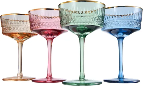 Khen - Vasos de Colores Apagados - Agua y Vino | Juego de 4 | Cristalería de Cóctel de Cristal Pastel Apagado, Cócteles Tipo Copa, Rojo y Blanco,