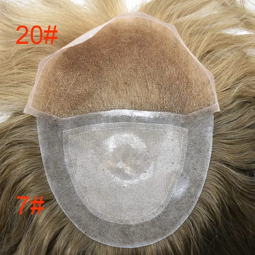 Miniatura 5 de Nudos blanqueados frontales de encaje para hombre, tupé de dos bases en una mitad, piezas de cabello de encaje mono para hombres, unidad de 20 #+7