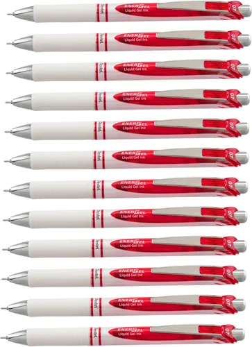 Pluma de tinta de gel Pentel, pluma retráctil de gel perla, (0.7mm) punta media, punta de aguja, tinta roja, paquete de 12 (BLN77PW-B)