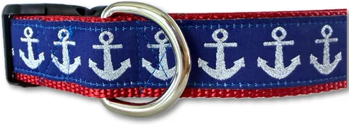 Miniatura 2 de Collar de perro grande de 15-22 pulgadas ancla náutica azul rojo collar ajustable hecho a mano USA