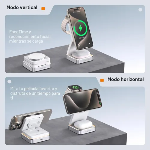 Miniatura 5 de 【Actualizado 2026】Cargador inalámbrico 3 en 1, estación de carga inalámbrica plegable con luz para cargador magnético de Apple, cargador magnético