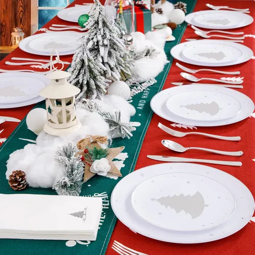 Miniatura 8 de WDF 50 platos de plástico plateados, platos de plástico de Navidad con árbol de Navidad, platos desechables blancos y plateados resistentes