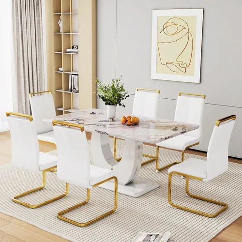 Miniatura 32 de Juego de 6 sillas de mesa de comedor para 6, juego de 6, moderno juego de comedor con mesa de comedor de mármol de 63 pulgadas, sillas tapizadas