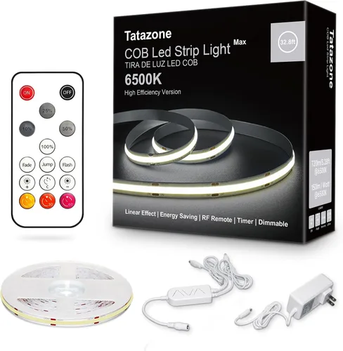 Miniatura 12 de Tatazone Tira de luces LED COB blancas Max con control remoto RF, 16.4 pies 2700K CRI93+ regulable, tira de luz COB blanca cálida ultra brillante