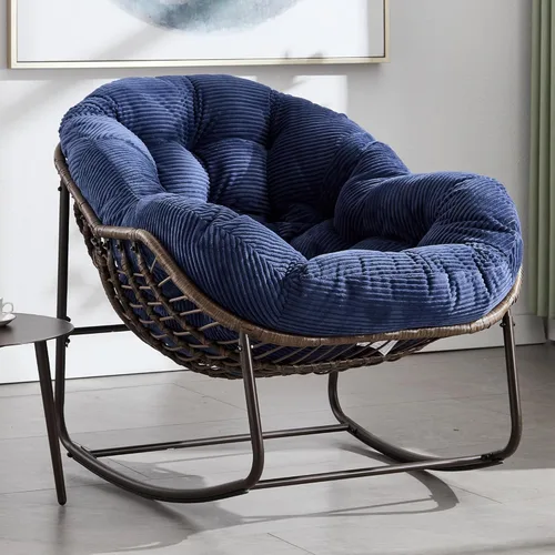 Miniatura 26 de HOMEFUN Juego de 2 mecedoras para patio al aire libre, sillas Papasan Rock de gran tamaño para interiores con cojín acolchado, asiento de huevo