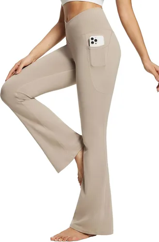 BALEAF Leggings acampanados para mujer, pantalones de yoga cruzados a la moda, cintura alta, casuales, con bolsillos
