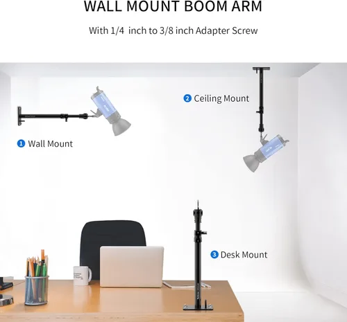 Miniatura 4 de Soporte de pared para estudio de fotografía, brazo de brazo de montaje en pared para cámara de hasta 22 pulgadas para monolights, paraguas