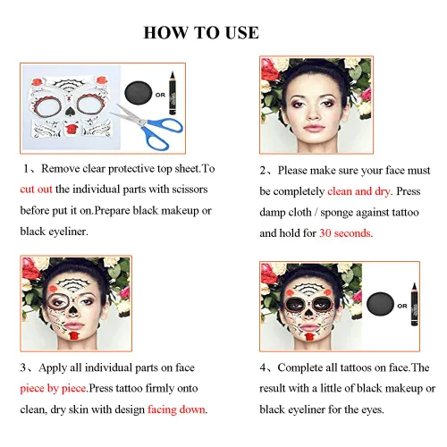 Miniatura 7 de Calcomanías de tatuaje facial de Halloween, tatuajes del Día de los Muertos, calcomanías de transferencia de agua con tela floral roja rosa negra
