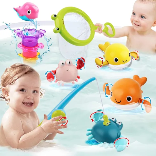 Dwi Dowellin Juguete de baño para niños pequeños, juguete de bañera con juguetes de natación flotantes sin moho y tazas apilables, juego de pesca