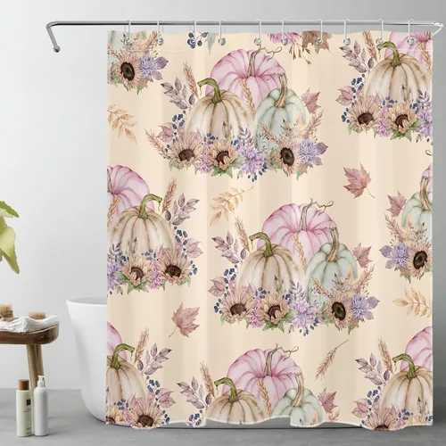 LB Cortina de ducha de calabaza otoñal, calabaza en acuarela rosa con girasol sobre fondo beige, cortina de ducha de cosecha de otoño, decoración de