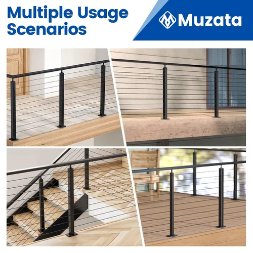 Miniatura 6 de Muzata Paquete de 4 postes de barandilla de cable negro de 36 pulgadas, 36 x 2 x 2 pulgadas, montaje en superficie perforada de nivel T304, kit