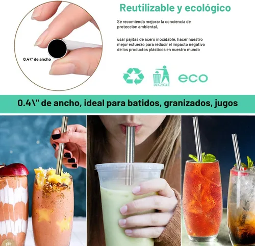 Vinaco Pajitas de acero inoxidable, extra anchas de 0.4 pulgadas, popotes de metal reutilizables para batidos, batidos, bebidas, juego de 4 con 1