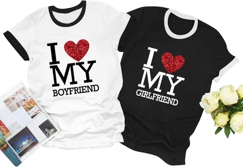 Miniatura 2 de TSIPR Camiseta I Love My Girlfriend GF con texto en inglés "I Love My Boyfriend BF con purpurina y corazón a juego para parejas, regalos del día