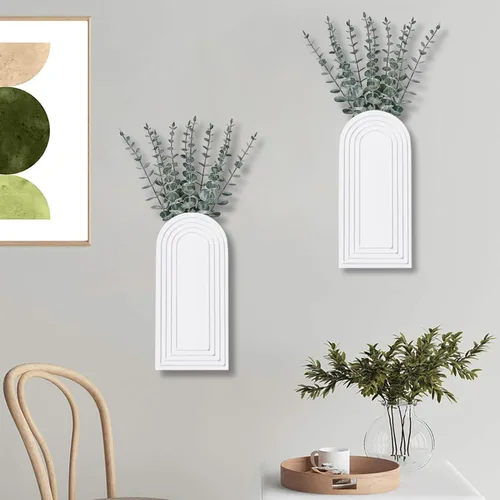 Miniatura 6 de Dnnnii Juego de 2 jarrones de pared de madera, acabado blanco, decoración de pared moderna de granja y bohemio para entrada, pasillo, baño, sala