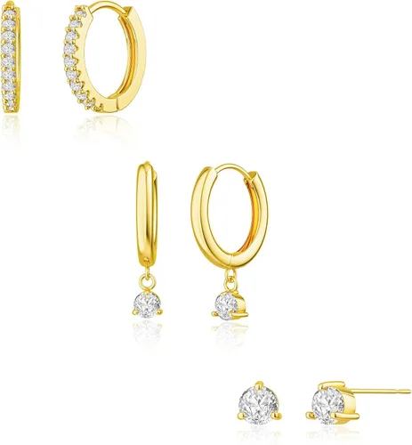 Freekiss Juego de 3 pares de aretes de aro de oro delicados aretes tipo dormilona chapados en oro de 14 quilates, hipoalergénicos, aretes de aro