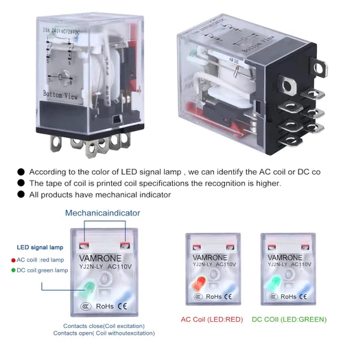 Miniatura 6 de Relé de potencia electromagnética, bobina de relé de CA de 8 pines de 10 amperios 110 V/120 V con base de enchufe, indicador LED, DPDT 2NO 2NC - 9