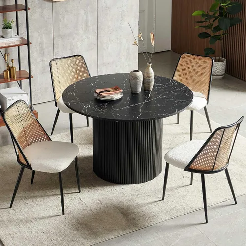 NORDICANA Juego de comedor para 4 personas, moderno juego de sillas de mesa de cocina de 4 asientos con asiento beige y respaldo de ratán, mesa