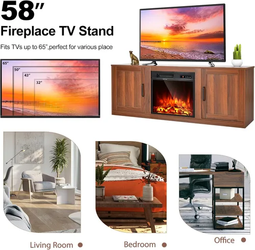Miniatura 5 de Tangkula Soporte eléctrico para TV de hasta 65 pulgadas, con chimenea sintética de 18 pulgadas y 1500 W, termostato integrado, brillo de 5 niveles
