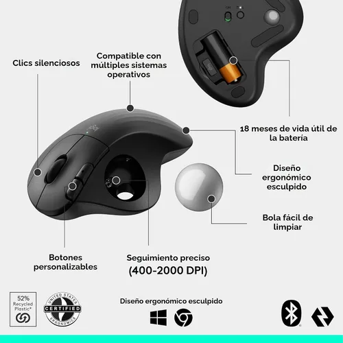 Miniatura 6 de Logitech Ergo M575S Ratón inalámbrico de Trackball, mouse ergonómico inalámbrico con Bluetooth y dongle cifrado, cómodo control de pulgar