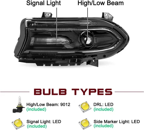 Miniatura 3 de JSBOYAT Conjunto de faros delanteros tipo halógeno compatible con Dodge Charger 2015-2021 Faro proyector con bombillas LED DRL incluidas Lado