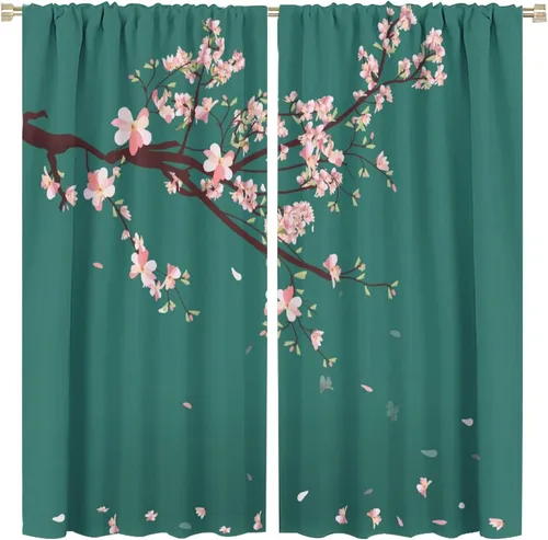 Miniatura 28 de Cortina japonesa con diseño de cerezo en flor, montañas, río, nubes, pinos, paisaje, naturaleza, asiático, anime, oscurecimiento de habitación