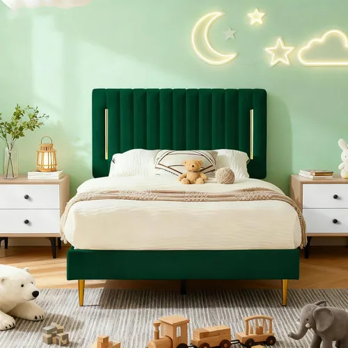 Miniatura 14 de Furnify Armazón de Cama de Plataforma Twin, Marco de Cama Tapizado en Terciopelo con Cabecera Ajustable de Canal Vertical, Ribete de Enchapado