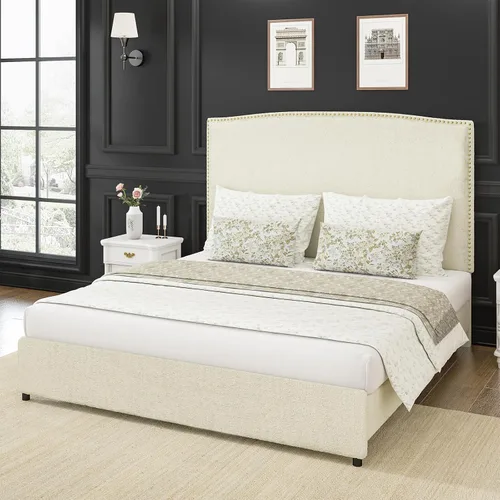 Miniatura 3 de Base de cama tamaño matrimonial con cabecero, plataforma tapizada de 56 pulgadas con ribete de cabeza de clavos, tela suave de bucle, no necesita