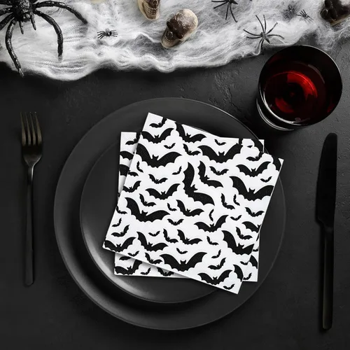 Miniatura 4 de AnyDesign Paquete de 80 servilletas de papel de Halloween de 6.5 x 6.5 pulgadas, servilletas de papel desechables de murciélago negro, servilletas