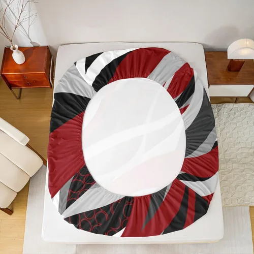 Miniatura 6 de Manfei Sábana bajera ajustable color rojo y gris, tamaño individual, funda de cama circular de rayas onduladas abstractas con 1 funda de almohada