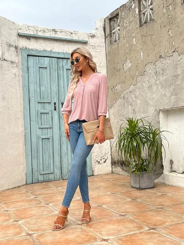 Miniatura 6 de Blusas de manga 34 para mujer, con ojales, estilo casual, cuello en V