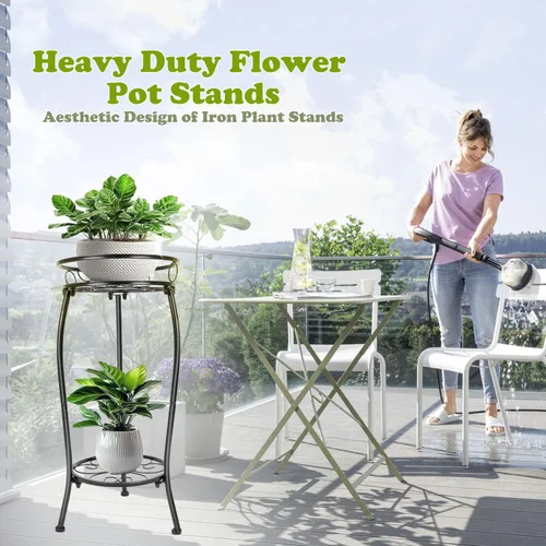 Miniatura 5 de THKFUL Soporte de metal para plantas para interiores y exteriores, soporte de 2 niveles altos para plantas en maceta, soporte para plantas de hierro