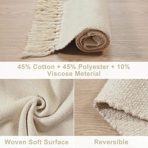 Miniatura 3 de Collive - Tapete de pasillo de cocina, 2 x 4.3 pies, tejido a mano, reversible, lavable, de algodón, color blanco/beige, para baño, pasillo