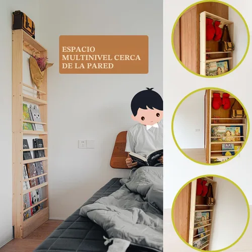 Miniatura 4 de Estantería de madera para niños, estante de montaje en pared con ganchos, organizador para juguetes y libros, ahorro de espacio con ganchos