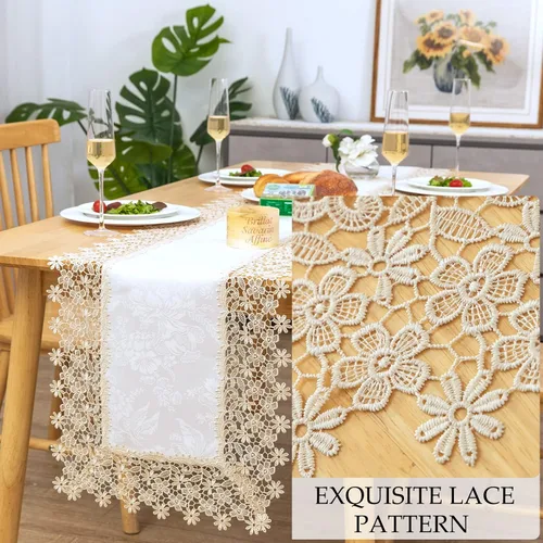 Miniatura 3 de Camino de mesa rectangular de granja de encaje beige premium, impermeable, a prueba de aceite, a prueba de derrames, antiencogimiento, suave