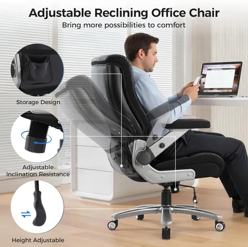 Miniatura 8 de Silla de oficina grande y alta de 600 libras, asiento extra ancho, masaje 3D y calor, silla de oficina con resistencia para personas, brazos cuero